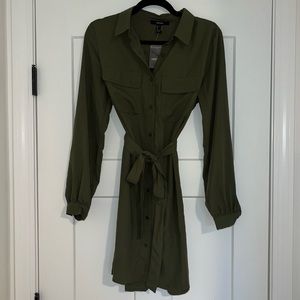 Olive Green Button Up Dress with Ties